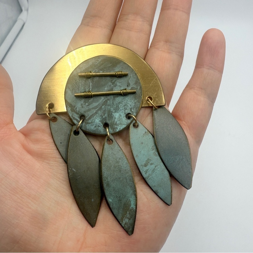 Vintage Modernist Brass & Patina Dangle Brooch – Geometric Statement Pin